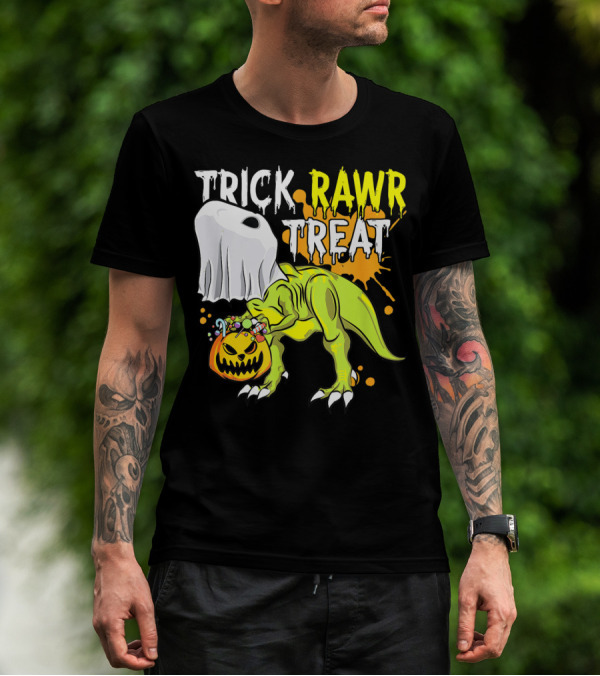Trick Rawr Treat Halloween Dinosaur Ghost Pumpkin Boys T-Shirt