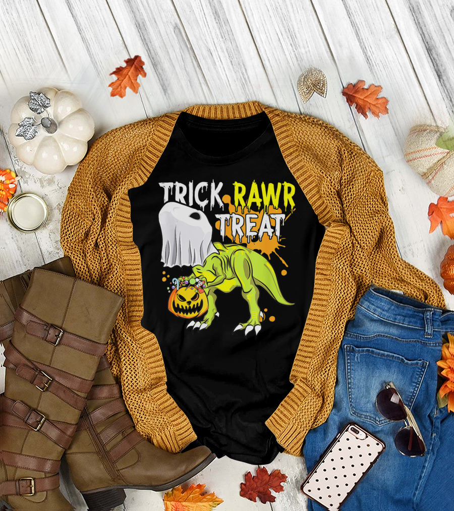 Trick Rawr Treat Halloween Dinosaur Ghost Pumpkin Boys T-Shirt