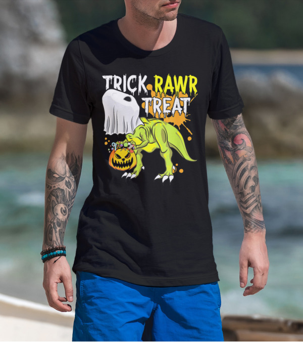 Trick Rawr Treat Halloween Dinosaur Ghost Pumpkin Boys T-Shirt