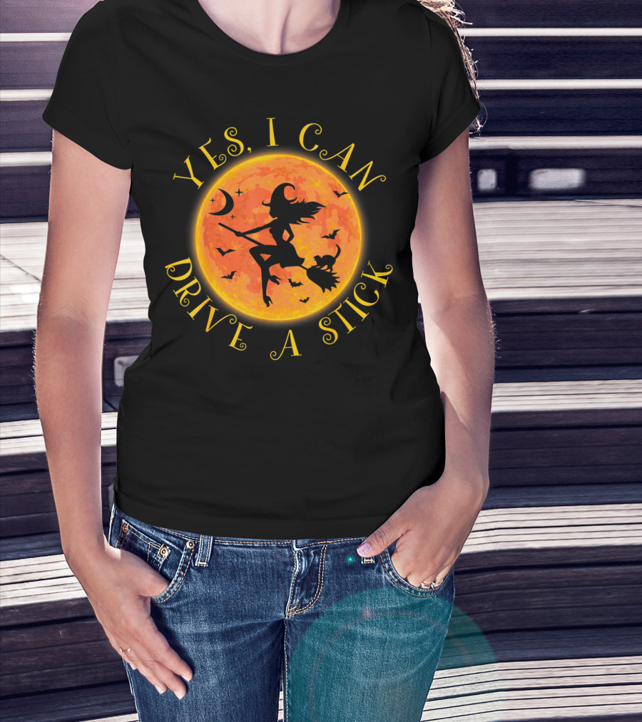 Yes I Can Drive A Stick Halloween Witch Costume Moon Bats T-Shirt