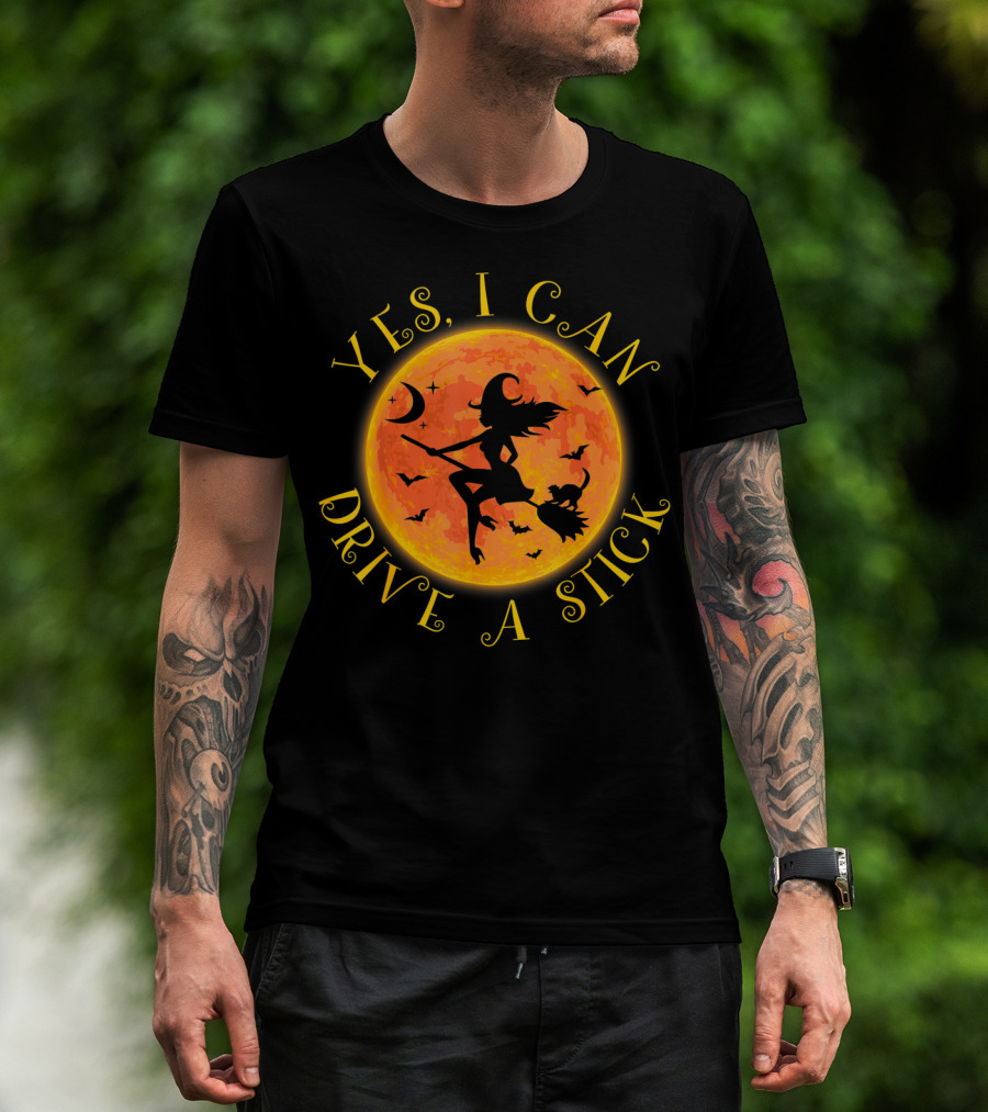 Yes I Can Drive A Stick Halloween Witch Costume Moon Bats T-Shirt