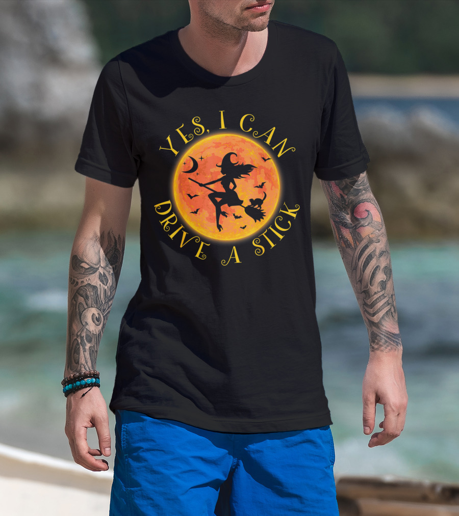 Yes I Can Drive A Stick Halloween Witch Costume Moon Bats T-Shirt