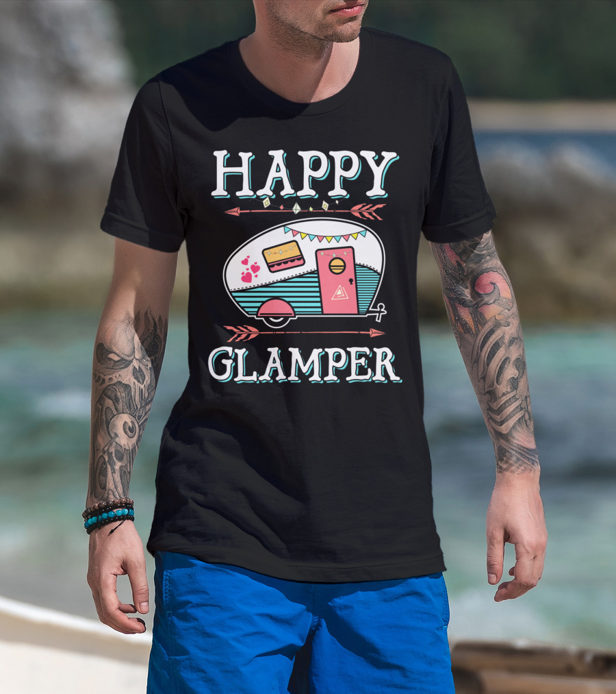HAPPY GLAMPER Camper With Arrows And Colorful Bunting T-Shirt
