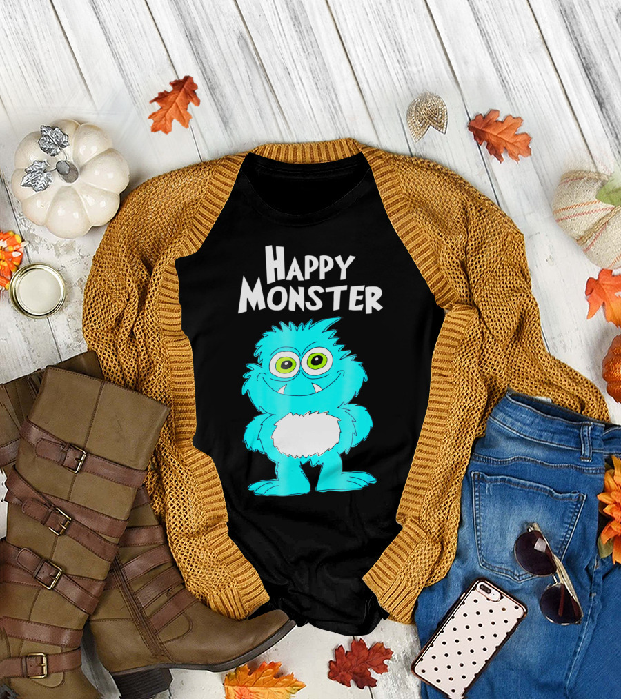 Happy Monster Funny Monster And Adults Vibrant Blue Cartoon Character T-Shirt