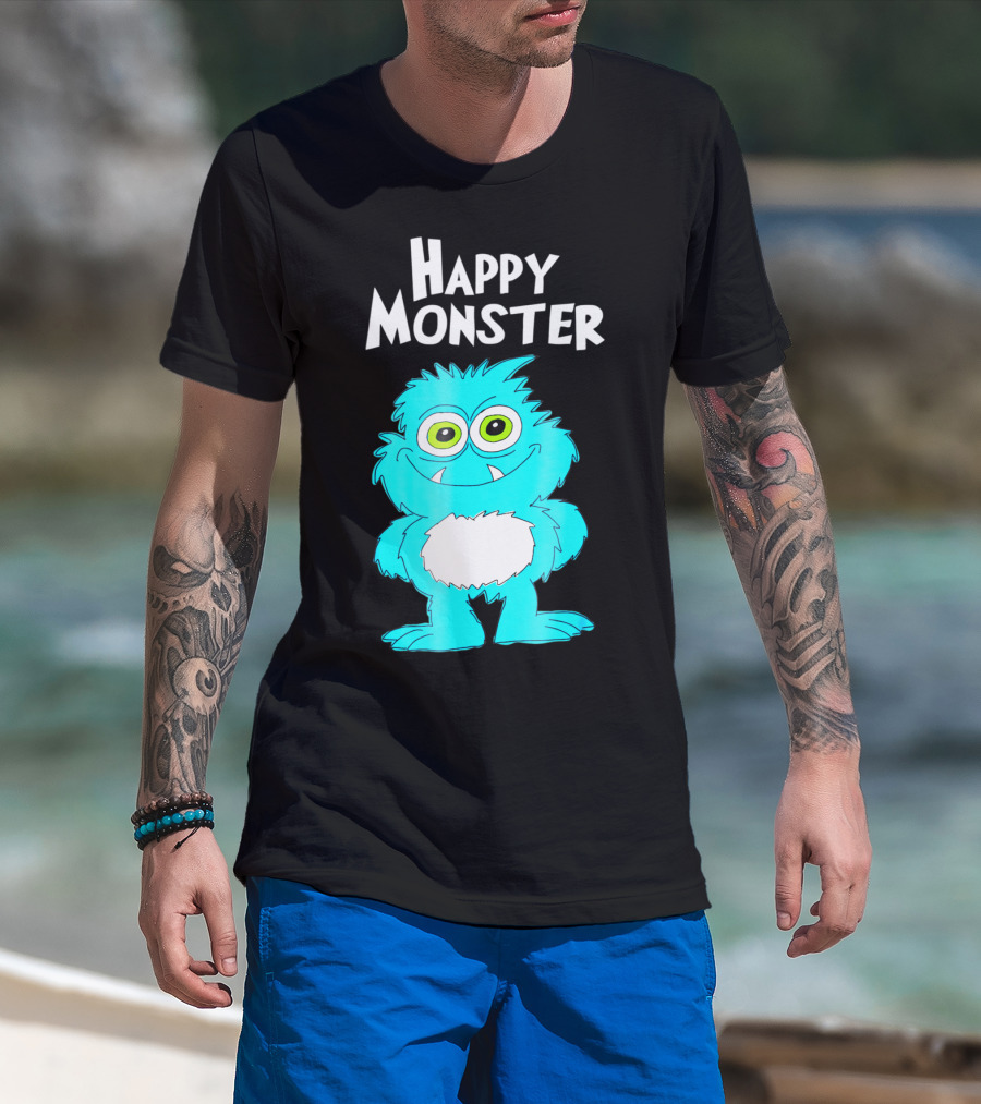 Happy Monster Funny Monster And Adults Vibrant Blue Cartoon Character T-Shirt
