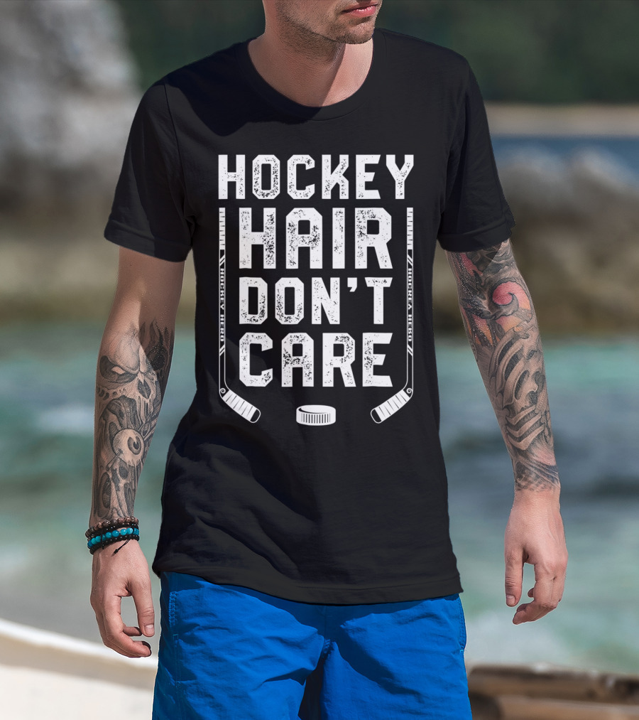 Hockey Hair Don't Care Ice Puck Hockey Stick Player T-Shirt