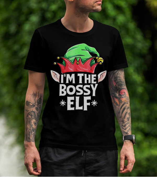 I'm The Bossy Elf Green And Red Jester Hat With Ears T-Shirt