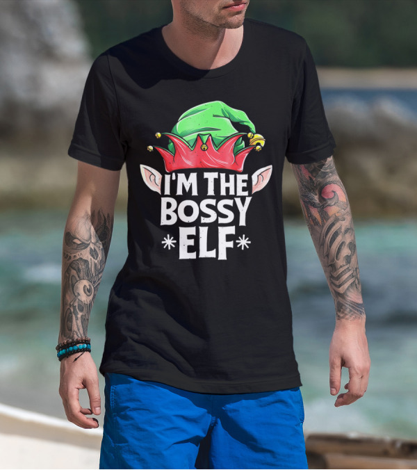 I'm The Bossy Elf Green And Red Jester Hat With Ears T-Shirt