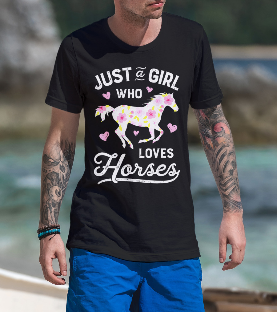 Just A Girl Who Loves Horses Floral Pattern Hearts T-Shirt