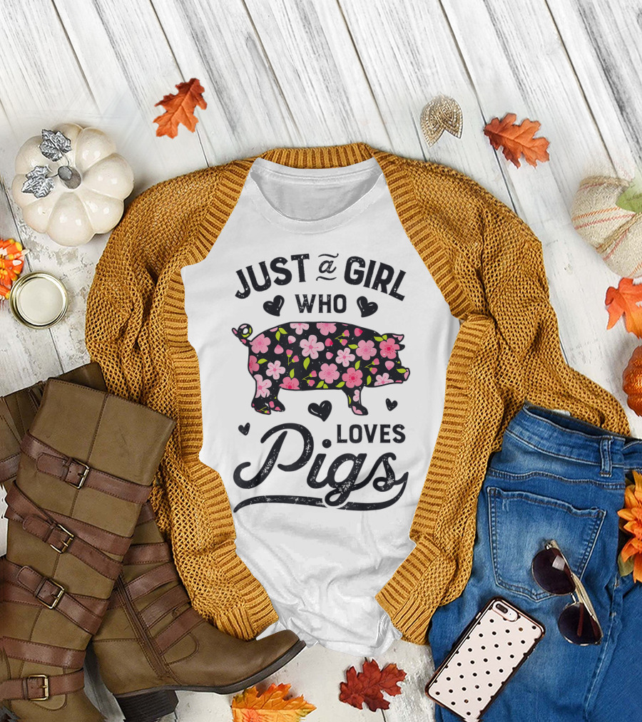 Just A Girl Who Loves Pigs With Floral Patterns For Girls Women Kids Farm T-Shirt