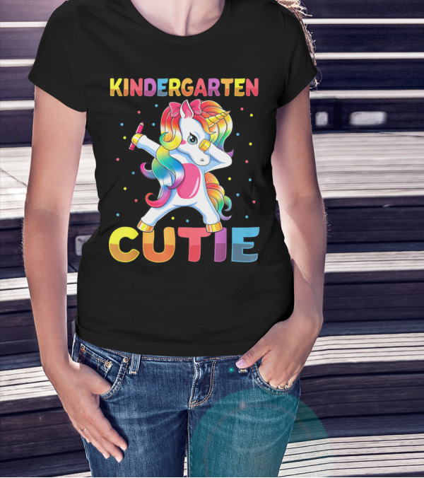 Kindergarten Cutie Dabbing Unicorn Back To School Girls Rainbow Multicolor T-Shirt