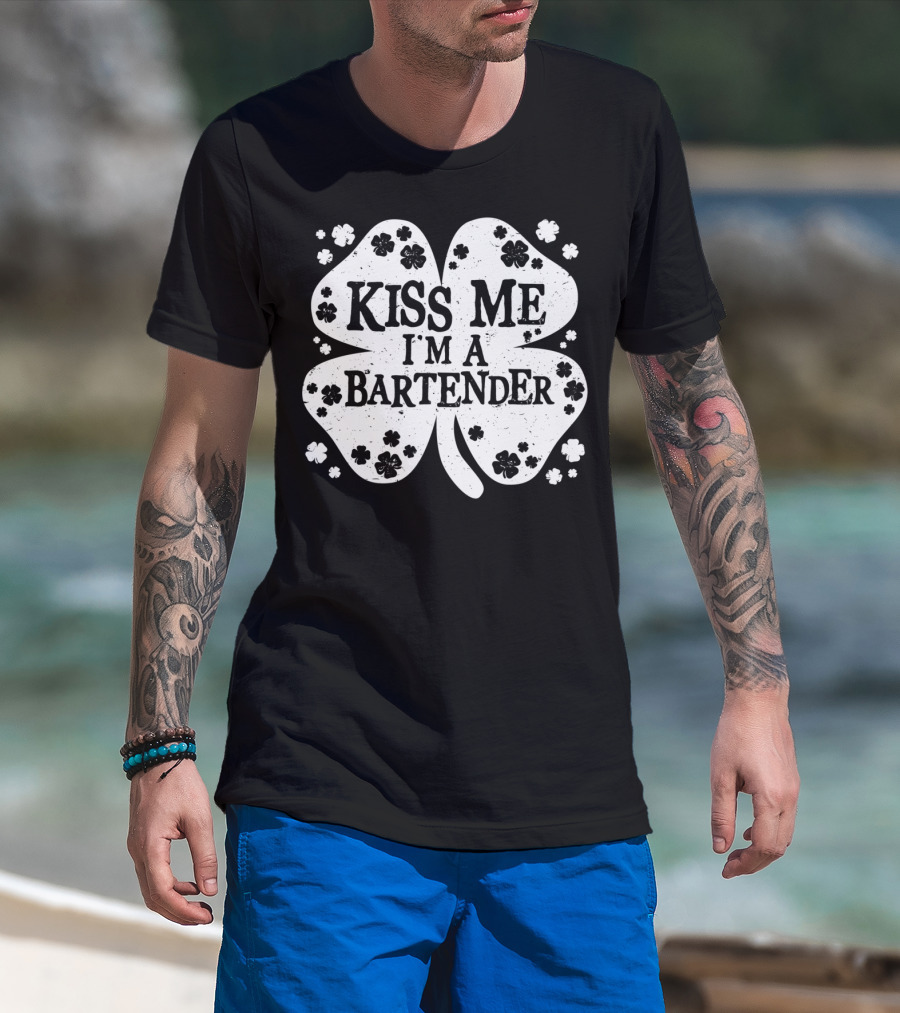 Kiss Me I'm A Bartender Four-Leaf Clover St. Patrick's Day T-Shirt