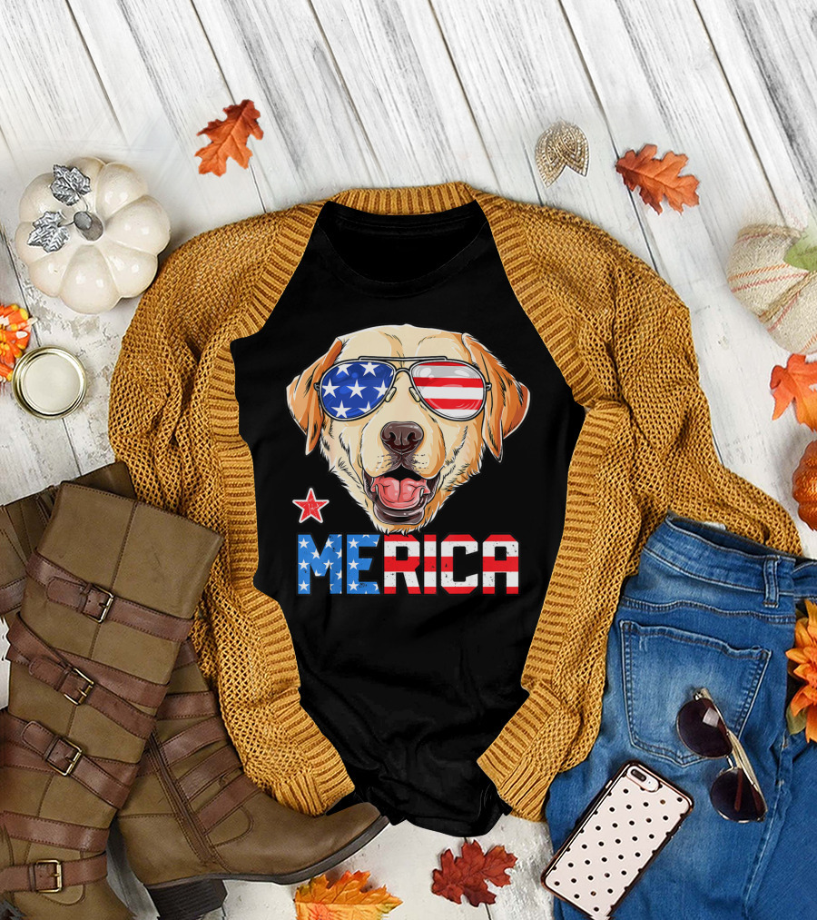 Labrador Dog Merica American Flag Sunglasses USA 4th of July T-Shirt