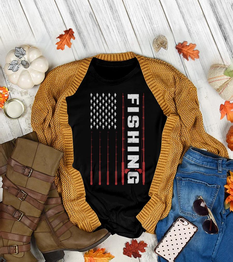 Fishing Flag Fishing Poles and Fish American T-Shirt