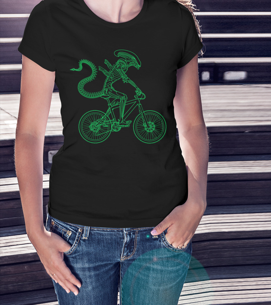 Alien Bicycle Rider Neon Green Xenomorph Outline T-Shirt