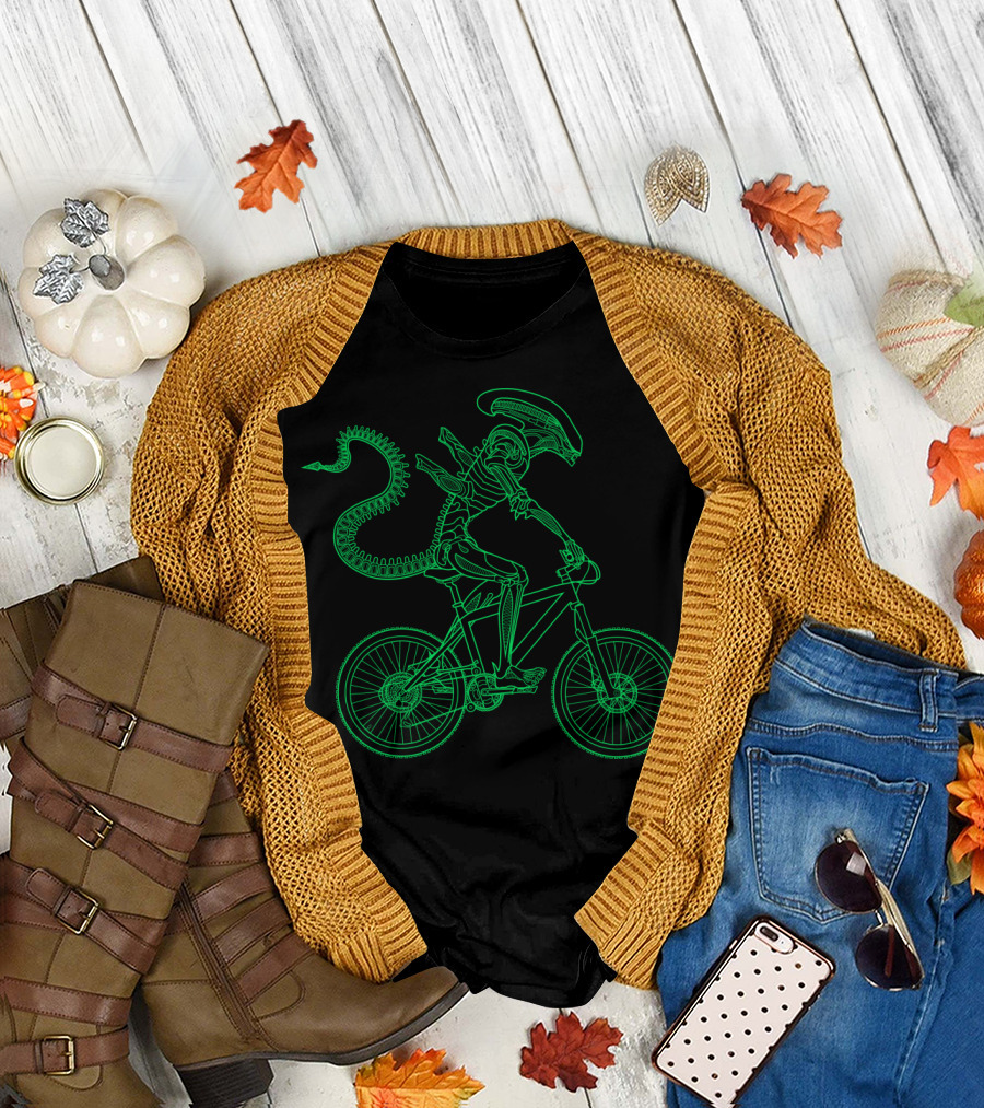 Alien Bicycle Rider Neon Green Xenomorph Outline T-Shirt