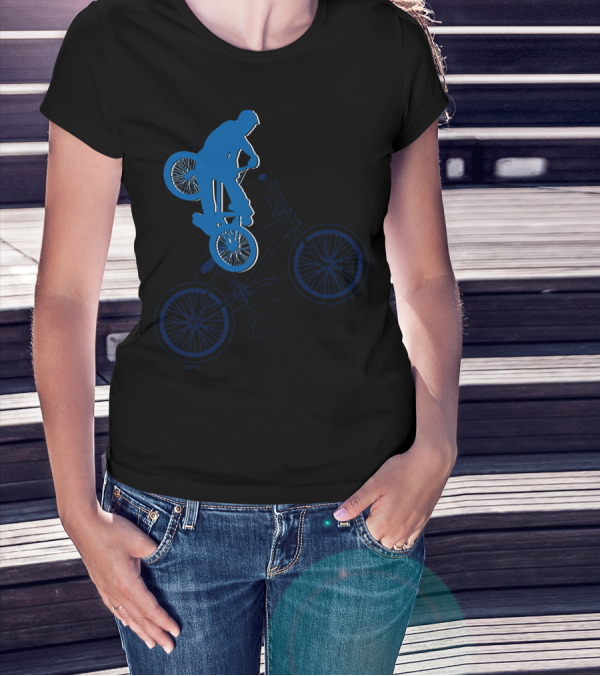BMX Rider Blue Silhouette With Detailed Bike Blueprint T-Shirt