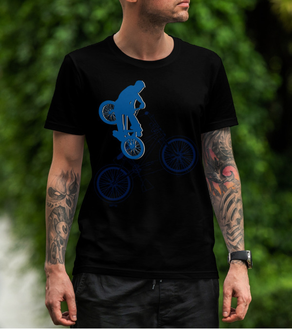 BMX Rider Blue Silhouette With Detailed Bike Blueprint T-Shirt