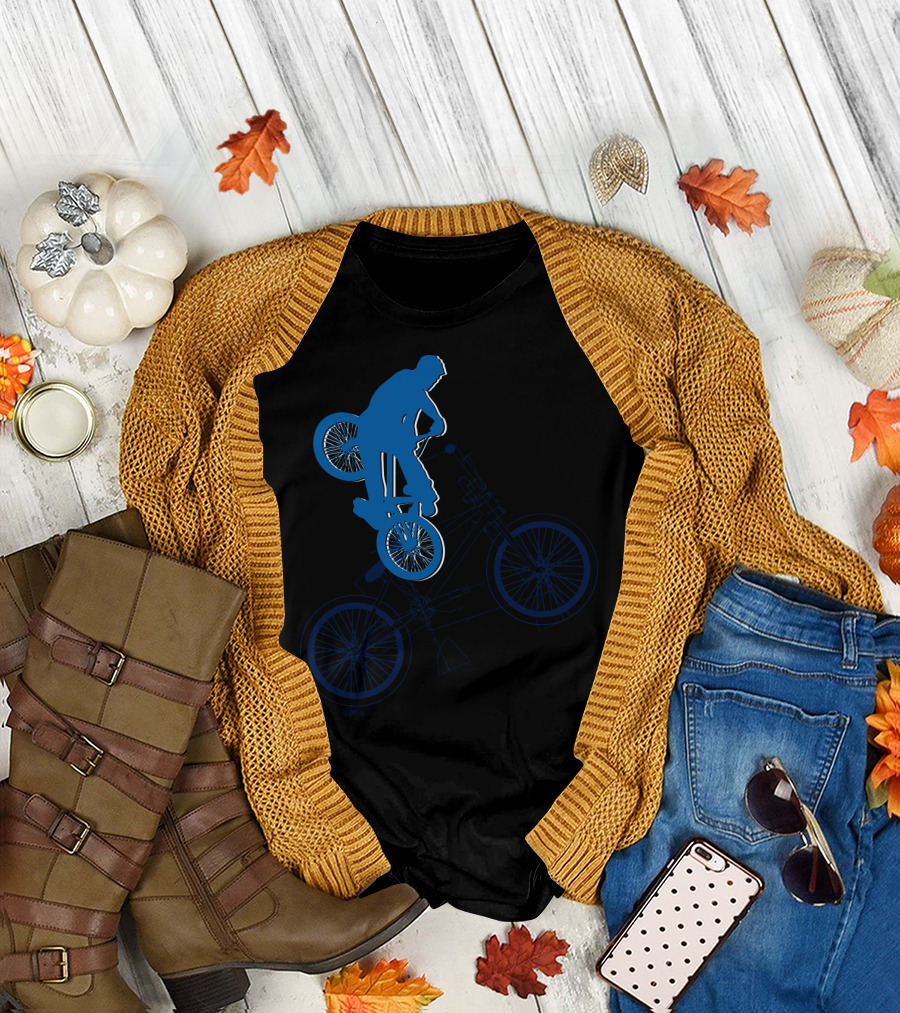 BMX Rider Blue Silhouette with Detailed Bike Blueprint T-Shirt