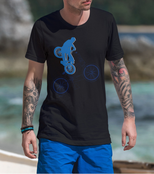 BMX Rider Blue Silhouette With Detailed Bike Blueprint T-Shirt