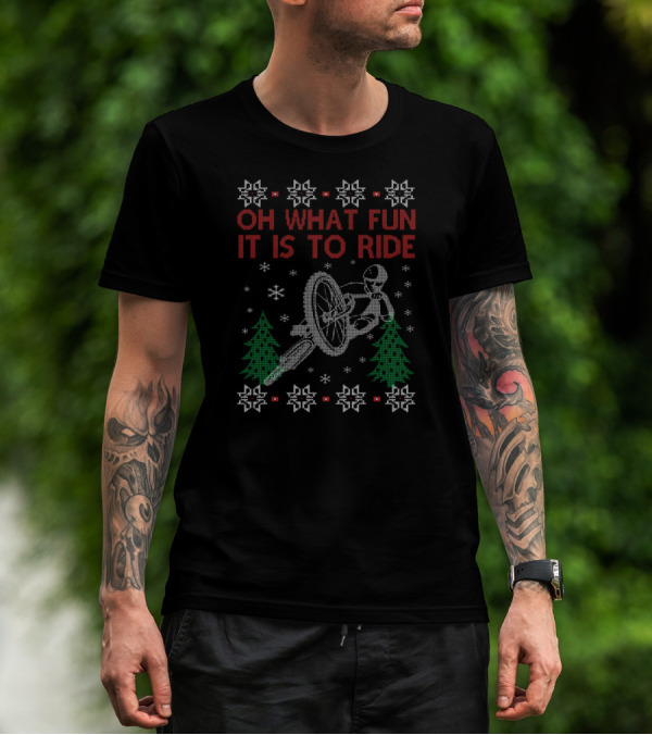 Oh What Fun It Is To Ride Cycling Christmas Snowflakes Trees T-Shirt