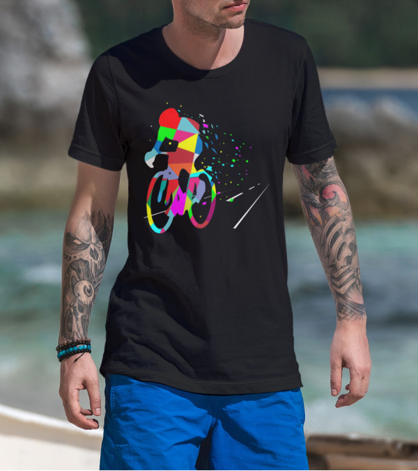 Cycling Forever Multicolor Abstract Bicyclist Road T-Shirt