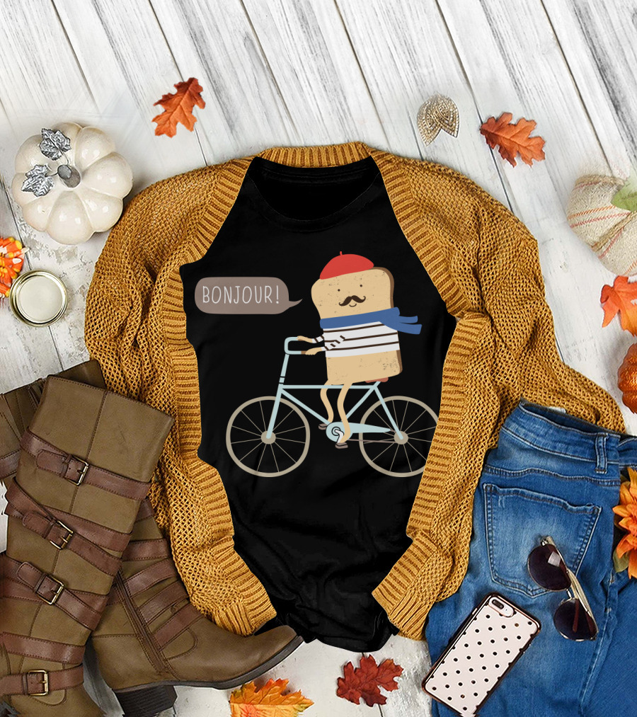 BONJOUR French Toast on Bicycle with Beret and Mustache T-Shirt