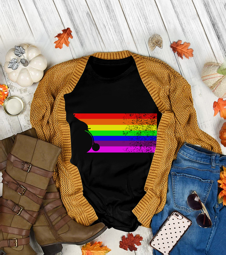 Giraffe Riding A Bike with Retro Rainbow Stripes T-Shirt