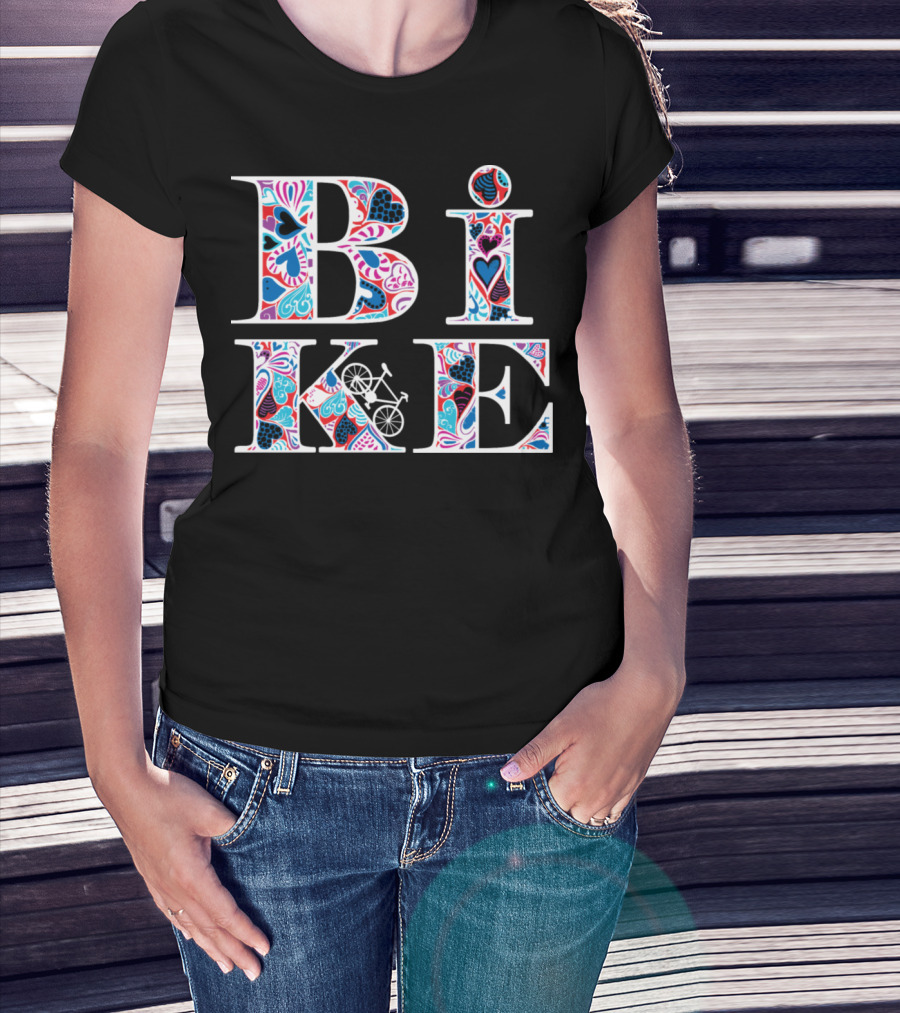 Heart Pattern Bike Typography T-Shirt