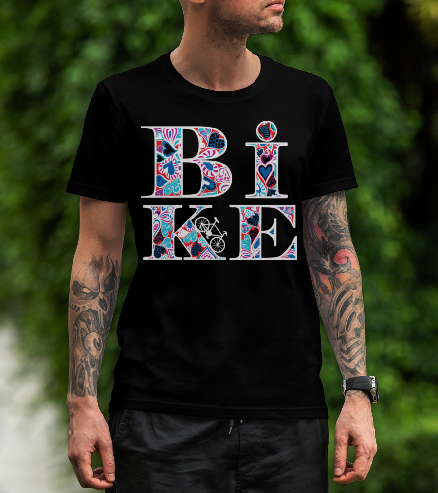 Heart Pattern Bike Typography T-Shirt