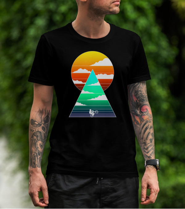 Sunset Mountain Biking Adventure In Geometric T-Shirt