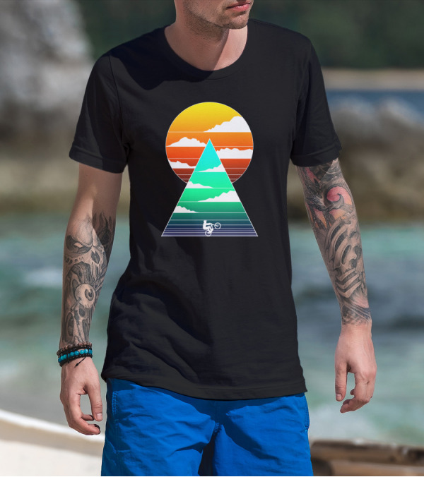 Sunset Mountain Biking Adventure In Geometric T-Shirt