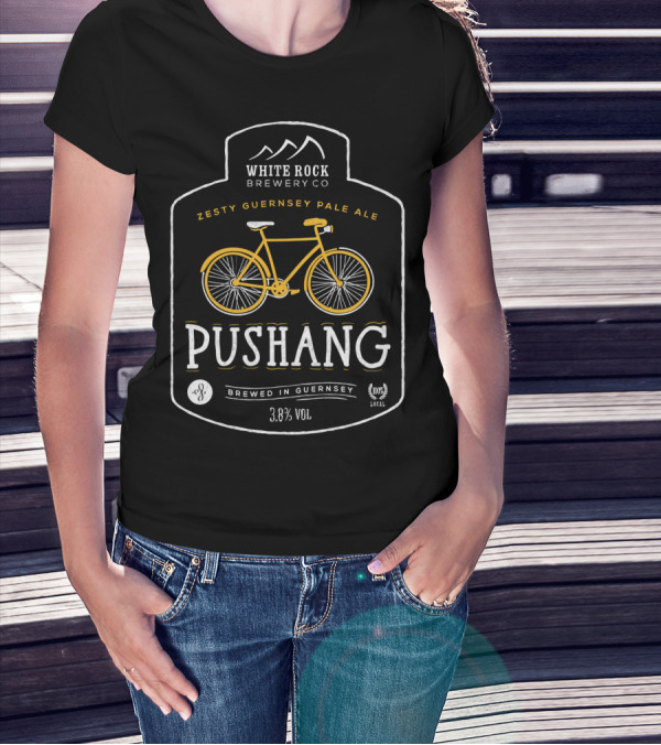 White Rock Brewery Co Pushang Zesty Guernsey Pale Ale 3.8% Vol Brewed In Guernsey Bike Label T-Shirt