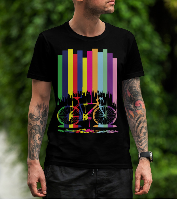 Rainbow Bicycle Dripping Paint Stripes T-Shirt