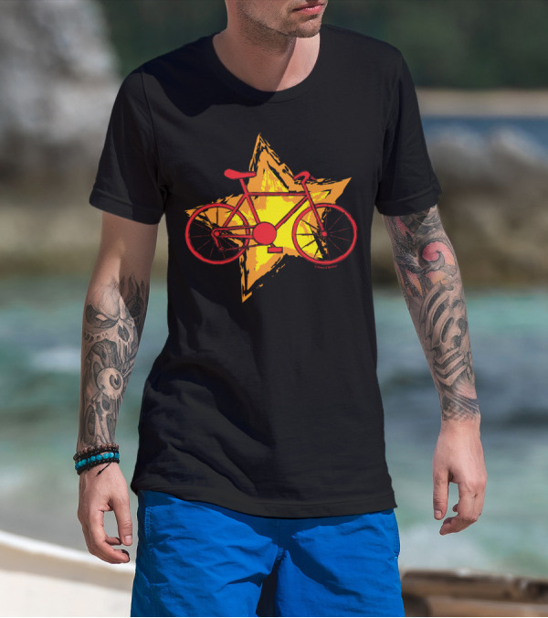 Red Bike On Yellow Star Background T-Shirt