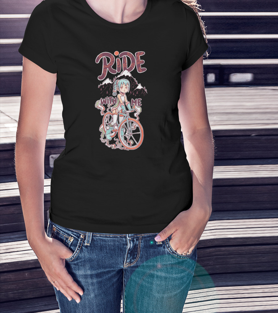 RIDE WITH ME Manga Style Biking Adventure With Blue-Haired Anime Character And Mountain Background T-Shirt