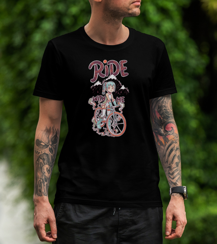 RIDE WITH ME Manga Style Biking Adventure With Blue-Haired Anime Character And Mountain Background T-Shirt