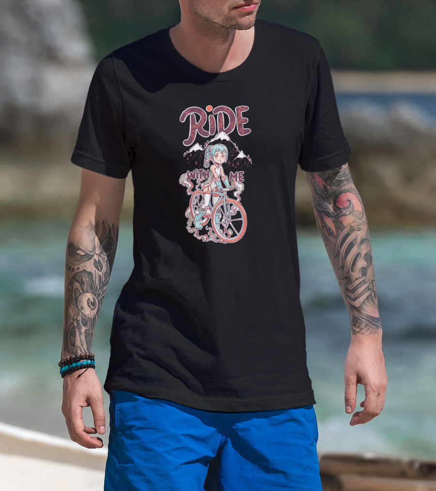 RIDE WITH ME Manga Style Biking Adventure With Blue-Haired Anime Character And Mountain Background T-Shirt
