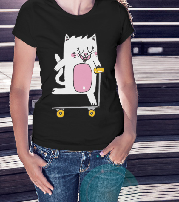 Riding The Scooter With Happy White Cat T-Shirt