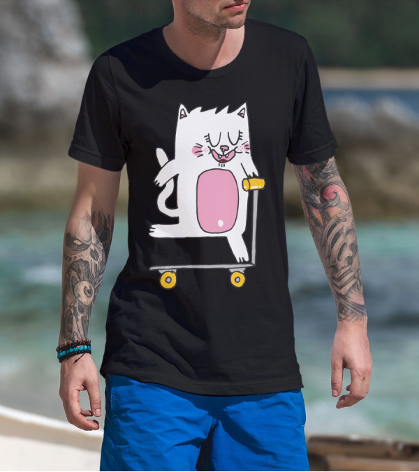 Riding The Scooter With Happy White Cat T-Shirt