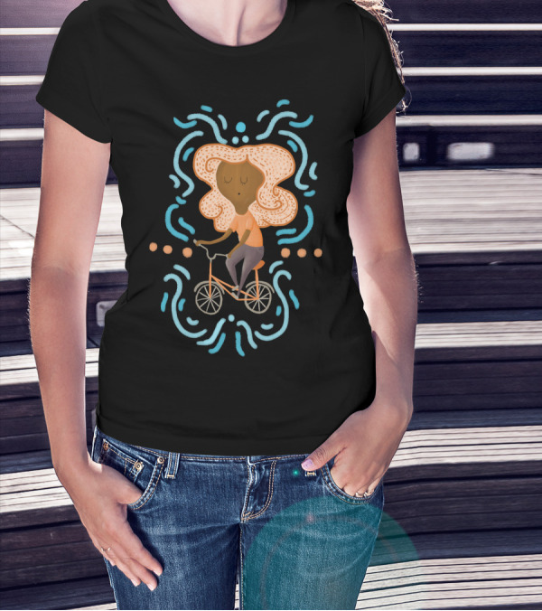 Sarah Bicycle Curly Orange Hair Blue Accents T-Shirt