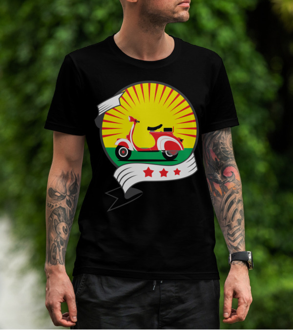 Vintage Red Scooter Sunburst Three Star Emblem T-Shirt