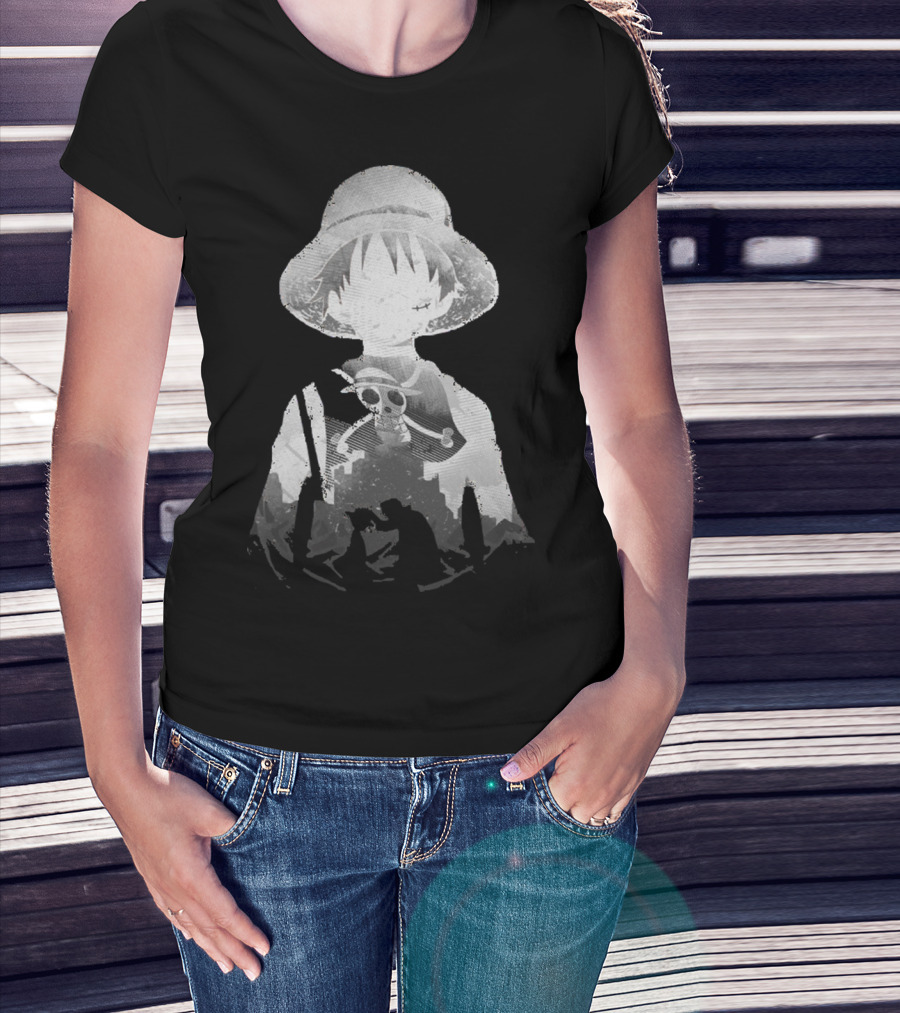 Monochrome Luffy Skull Silhouette Straw Hat Pirate T-Shirt