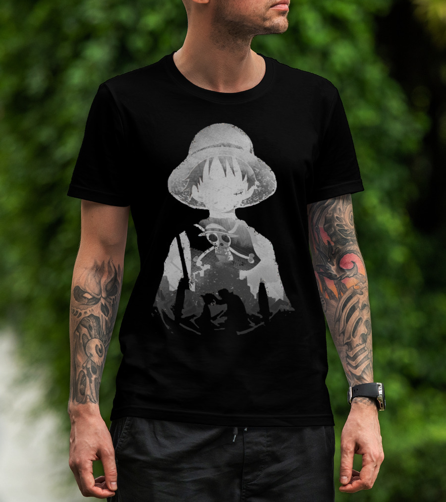 Monochrome Luffy Skull Silhouette Straw Hat Pirate T-Shirt