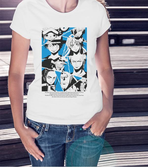 One Piece Straw Hat Pirates Blue Silhouette Montage T-Shirt
