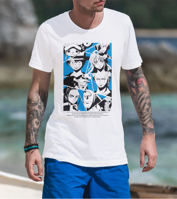 One Piece Straw Hat Pirates Blue Silhouette Montage T-Shirt