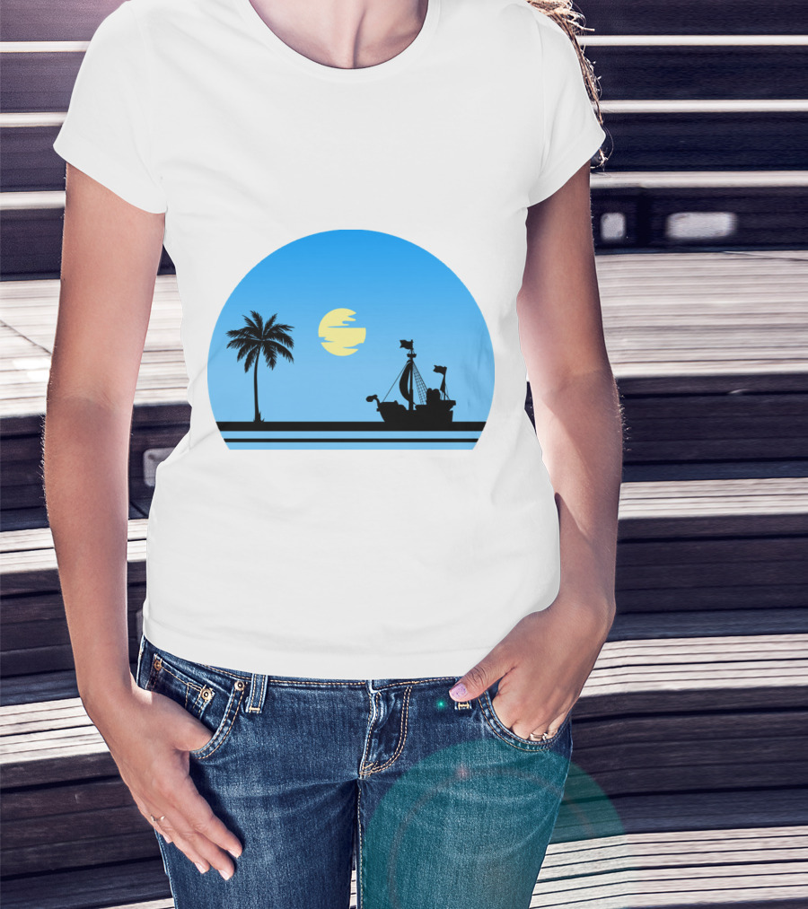 Going Merry Ship Silhouette Sunrise With Palm Tree And Sun T-Shirt