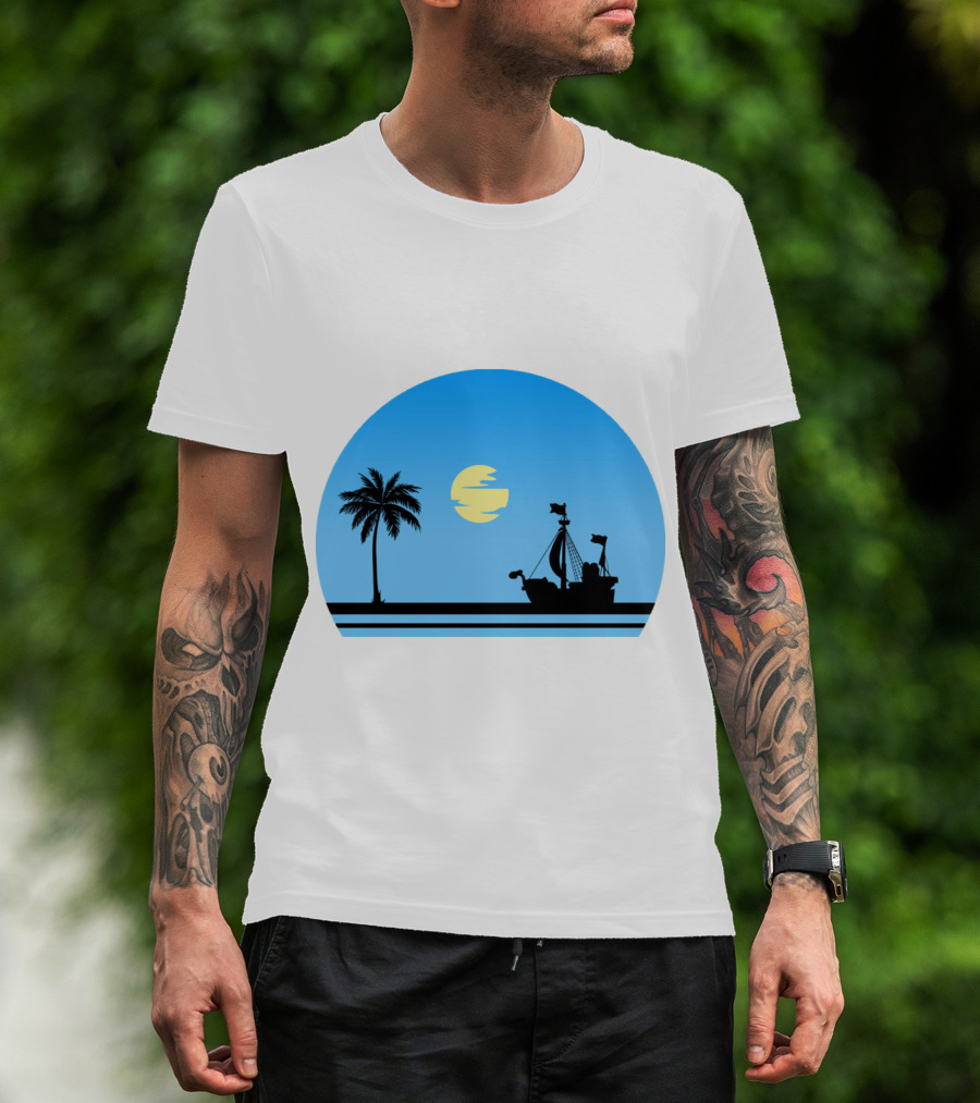 Going Merry Ship Silhouette Sunrise With Palm Tree And Sun T-Shirt