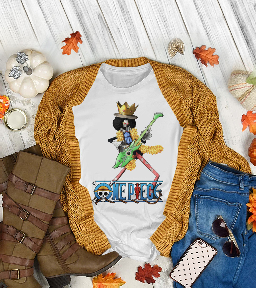 One Piece Brook Playing Guitar with Crown and Yellow Feather Boa T-Shirt