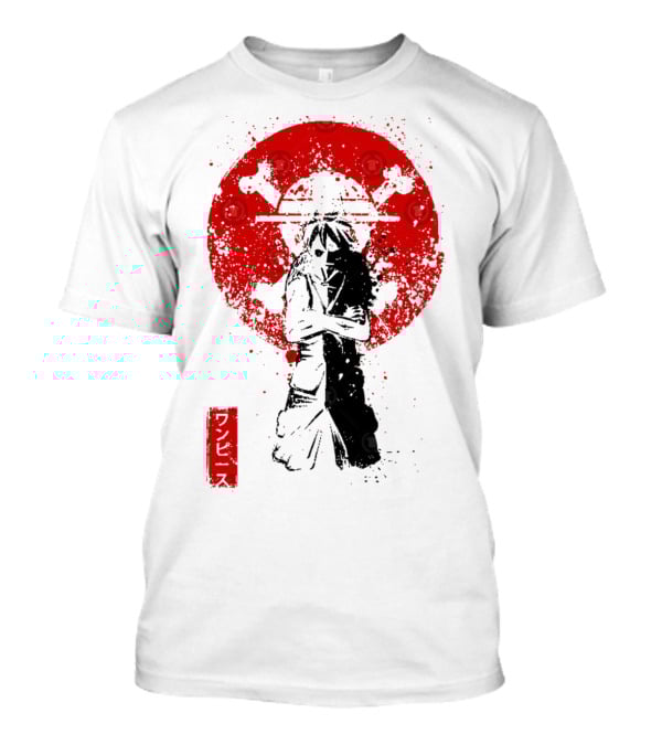 One Piece Pirate's King Splat­ter Japanese Text And Crossbones Red Circle T-Shirt